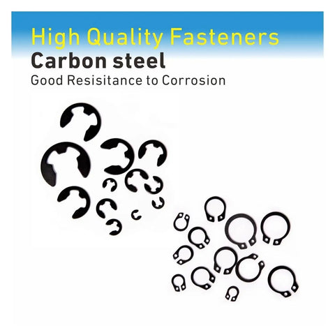 Heavy Duty 324 Pcs E-Type And C Type Circlip Set With 65Mn Steel Shafts And Holes In 24 Sizes Featuring Black Oxide Anti Rust Coating showing various circlip sizes.