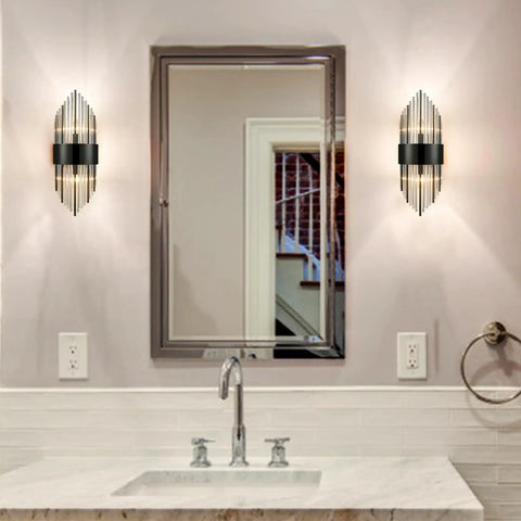 Two Light Modern Titanium Black Crystal Wall Sconces Set Of Two With Clear Glass Rods For Bath Hallway And Bedroom Lighting