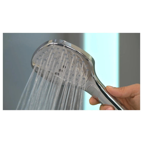 Raindance Select 120 Handheld Showerhead With 3 Spray Modes And 2.5 GPM Water Flow Chrome Finish in use showing water flow