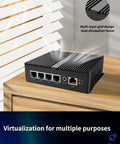 Silent Fanless Mini Pc Featuring Intel J6412 Processor, Quad 2.5 Gigabit Ethernet Ports, Sim Card Slot, 8 Gb Ram, 128 Gb Ssd, Hassle Free Setup And Knockout Speed, showing multi-layer grid design for heat dissipation.