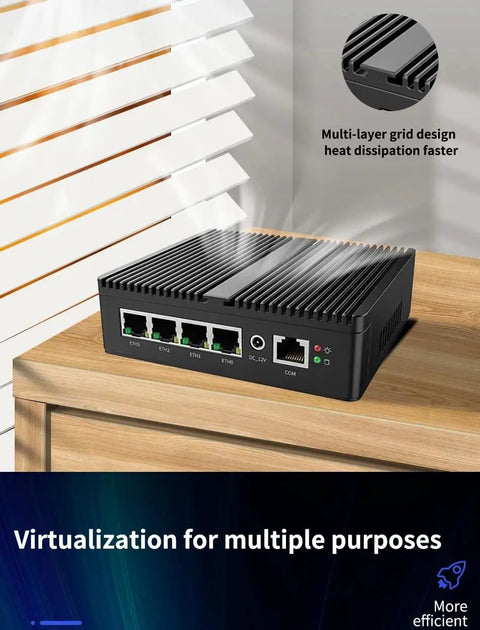 Silent Fanless Mini Pc Featuring Intel J6412 Processor, Quad 2.5 Gigabit Ethernet Ports, Sim Card Slot, 8 Gb Ram, 128 Gb Ssd, Hassle Free Setup And Knockout Speed, showing multi-layer grid design for heat dissipation.