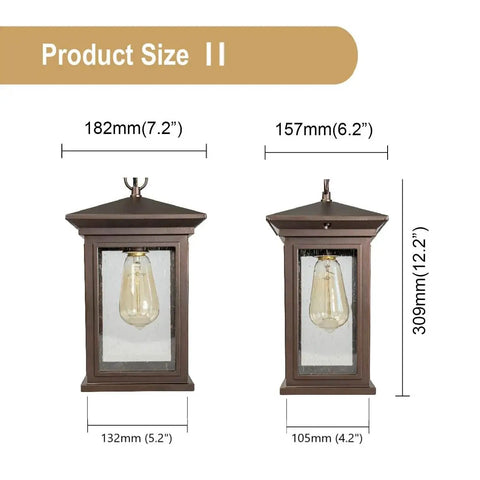 Two sizes of Outdoor Hanging Lantern Pendant Light With Clear Seeded Glass In Oil Rubbed Bronze Finish, dimensions shown.