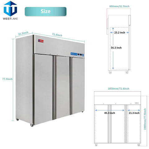 Heavy Duty 72 Inch Wide Commercial Refrigerator And Freezer Combo Reach In Triple Door Upright Cold Storage Cabinet For Restaurants And Small Businesses Keeps Everything Chillin With Zero Sweat dimensions diagram and measurements.