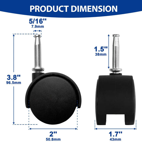Product dimensions of Two Inch Stem Caster Wheels Set Of Five With Eight Millimeter Or Five Sixteenth Inch Stem Diameter, 60 Lbs Per Caster