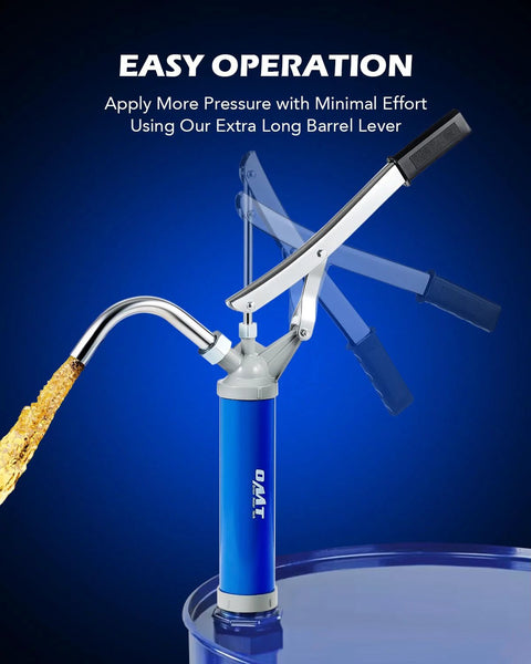 Orion Motor Tech lever-action barrel pump, blue body with long handle for transferring oil from 15–55 gal drums.