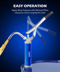 Heavy Duty Lever Action Barrel Pump Kit Pack Of 2 With Telescoping Suction Tube Drum Transfer Tool Wrench And Case For Fast Fluid Moves, showing blue pump in operation.