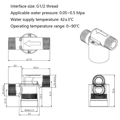 Technical drawing of Self Powered Micro Hydroelectric Generator For Home Use with dimensions and G1/2 thread size.