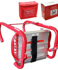 Retractable Two Story Fire Escape Ladder For Windows 13 Feet No Tools Needed with secure window hooks and red storage bag.