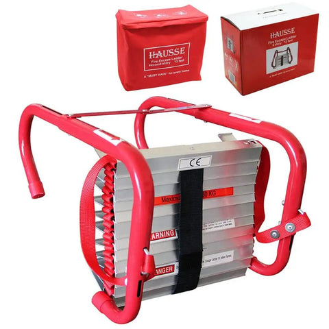 Retractable Two Story Fire Escape Ladder For Windows 13 Feet No Tools Needed with secure window hooks and red storage bag.