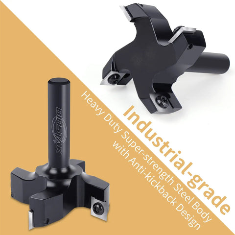CNC Spoilboard Surfacing Router Bit With Half Inch Shank And Two And A Half Inch Cutting Diameter Four Wing Beefy Carbide Insert Slab Flattening Planer Bit For Heavy Duty Woodworking And Smooth Flat Surfacing