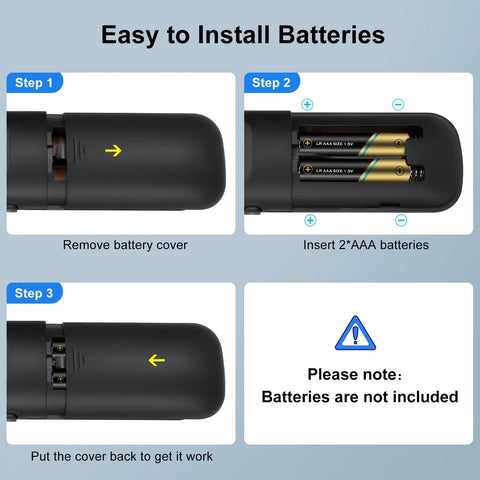 Steps to install batteries in Two Pack Replacement Remote For Smart TVs Backups, Plug And Play, Compatible With Hisense Onn Sharp Series
