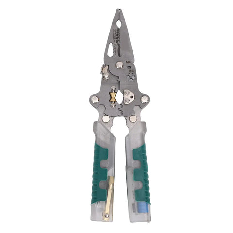 Folding Wire Stripper Plies With Voltage Tester 8 Inch Electrical Pliers with ergonomic grip and crimping features.