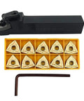 Heavy Duty Lathe Turning Tool With New Bracket For Precision Turning Includes 10 Carbide Inserts WNMG432 And WNMG080408 with inserts in yellow tray.