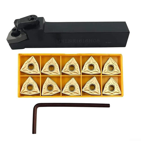 Heavy Duty Lathe Turning Tool With New Bracket For Precision Turning Includes 10 Carbide Inserts WNMG432 And WNMG080408 with inserts in yellow tray.