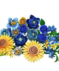 Van Gogh Starry Night And Sunflowers Inspired Bouquet Building Set Lego Compatible Flowers For Adults Women Vibrant Blue Yellow White Blooms, ABS pieces