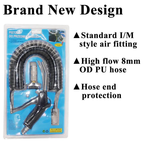 Kick The Dust And Blast Off Garage Grit With This Ultra Durable Air Blower Gun Kit Featuring A 16 Foot Pneumatic Hose And Secure Quarter Inch Fittings, showing coiled air hose and blow gun design.