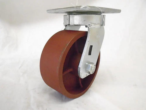 Built Like A Tank Set Of Four Five X Two Inch Swivel Casters Kingpinless Ductile Steel Frame wheel close-up with metal bracket.