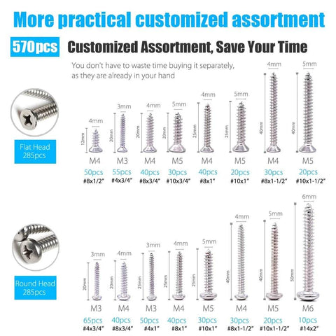570Pcs Self Tapping Screws Assortment Kit M3 M4 M5 M6 304 Stainless Steel with flat head and round head screws displayed