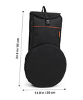 Heavy Duty 12 Inch Practice Pad Backpack That Stays Totes Waterproof with a round drum section and measurements displayed.