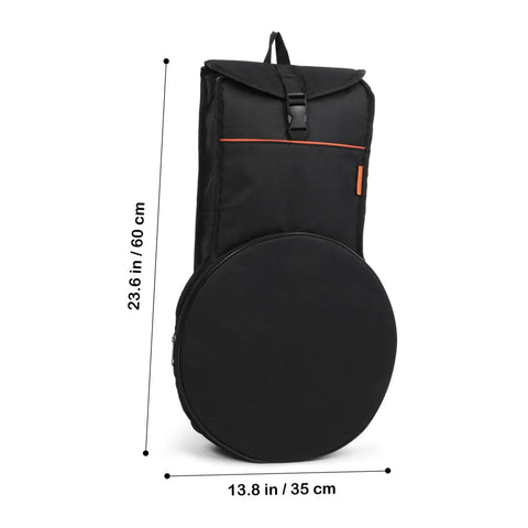 Heavy Duty 12 Inch Practice Pad Backpack That Stays Totes Waterproof with a round drum section and measurements displayed.