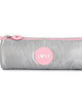 Silver cylindrical pencil case with pink accents and 'LOVE' emblem on the side