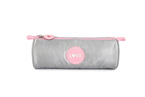 Silver cylindrical pencil case with pink accents and 'LOVE' emblem on the side