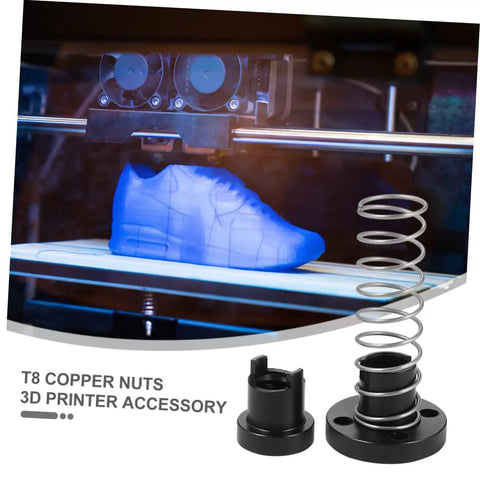 2-Pack Stainless Steel T8 Lead Screws With Copper Nuts Kit for accurate 3D printer builds, featuring spring mechanism and shoe print.