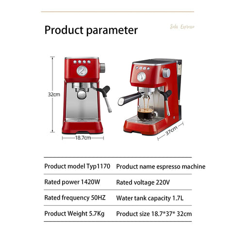 Semi Automatic Home Coffee Machine With 1.7 Liter Glass Carafe Brew Up To 10 Cups Fresh Espresso And Steam Milk Froth White And Black Finish Easy Pour And Quiet Operation, red machine with dimensions