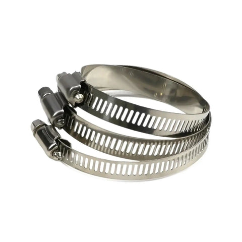 Durable 35 Pcs Adjustable Hose Clamps For Pipes Stainless Steel Worm Gear Fasteners With Wide Range Size Span From 40 To 76mm Perfect Fit For DIY And Home Repairs No More Leaky Hoses Let's Get This Work Done. stainless steel hose clamps with worm gear, shown stacked