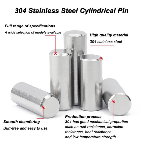 50 Pack 304 Stainless Steel Dowel Pins For Furniture Assembly And DIY Woodworking, 2Mm Diameter Assorted Lengths, metal cylindrical pins displayed upright.