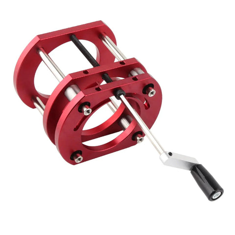 Top Shelf Router Table Lift Base With Hella Sturdy Aluminum Alloy Frame And Slick Stainless Steel Rods For Pain Free Cranking On All Woodworking Shop Projects, red aluminum base close-up.