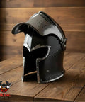 Visored Medieval Helmet For Cosplay And Larp Knight Armor With Black Polished Finish 18 Gauge Steel on wooden table