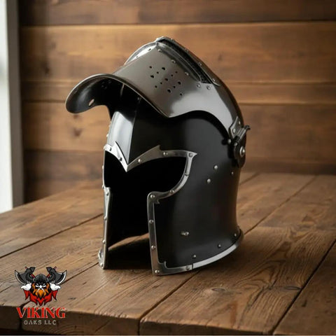 Visored Medieval Helmet For Cosplay And Larp Knight Armor With Black Polished Finish 18 Gauge Steel on wooden table