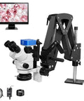 Trinocular Microscope With Awesome 4K Camera Kit 7X To 45X Zoom Eyepieces 0.5X Photo Eyepiece Ergonomic Stand USB Control Mouse And 60 LED Ring Light For Lab Bench Classroom And Fieldwork, white microscope with monitor, camera and stand