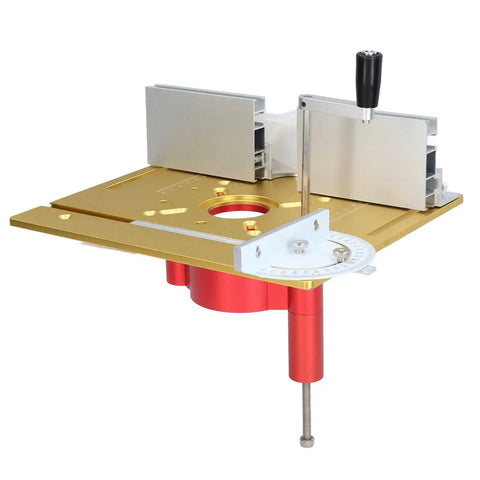 No Sweat Router Lift Base Kit With Precision Table Insert Plate For Snappy Woodworking Trims and Chamfering, gold and red design.