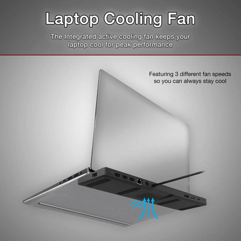 Hella Efficient USB C Docking Station With Integrated Active Cooling Fan, showcasing laptop cooling fan and ports.