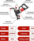 Professional Grade Big League 9500w Brushless Electric Concrete Saw With Water Cooled Dust Control For Crushing Through Masonry And Natural Stone Projects No Sweat, showing features and specifications.