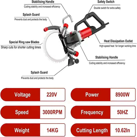 Professional Grade Big League 9500w Brushless Electric Concrete Saw With Water Cooled Dust Control For Crushing Through Masonry And Natural Stone Projects No Sweat, showing features and specifications.