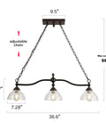 3-Light Kitchen Island Pendant Light Fixture With Clear Glass Shades Rustic Black Farmhouse Chandelier with size dimensions.