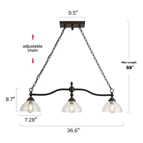 3-Light Kitchen Island Pendant Light Fixture With Clear Glass Shades Rustic Black Farmhouse Chandelier with size dimensions.