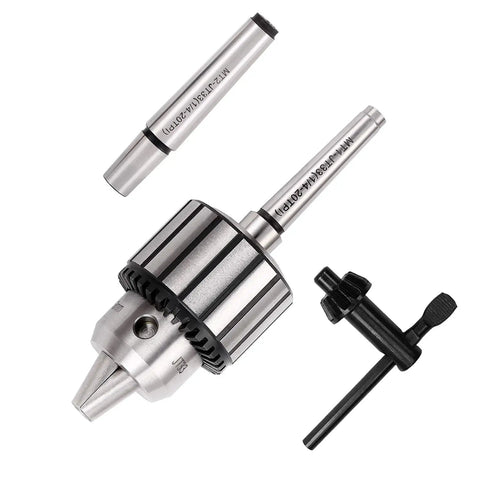 Heavy Duty 4 Piece 1/2 Inch Drill Chuck Kit With Genuine JT33 Taper Shank and Bulletproof Morse Arbors plus No Sweat Tightening Key assembly.