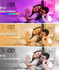 Couple in bedroom with Smart RGB CW LED Bulbs 85W Equivalent 9W E26 Base showing RGB, warm white, and white lighting effects.