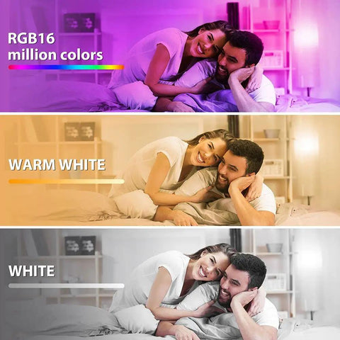 Couple in bedroom with Smart RGB CW LED Bulbs 85W Equivalent 9W E26 Base showing RGB, warm white, and white lighting effects.