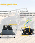 Dimensions and specifications of 12V 250A Winch Solenoid Relay Contactor With Terminal Caps And Rocker Thumb Switch for ATV UTV.