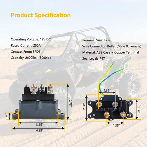 Dimensions and specifications of 12V 250A Winch Solenoid Relay Contactor With Terminal Caps And Rocker Thumb Switch for ATV UTV.