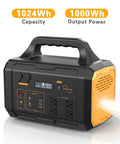 Backyard Boss 1000W Portable Power Station 1024Wh Solar Generator with AC and USB ports, black and orange design, portable handle.