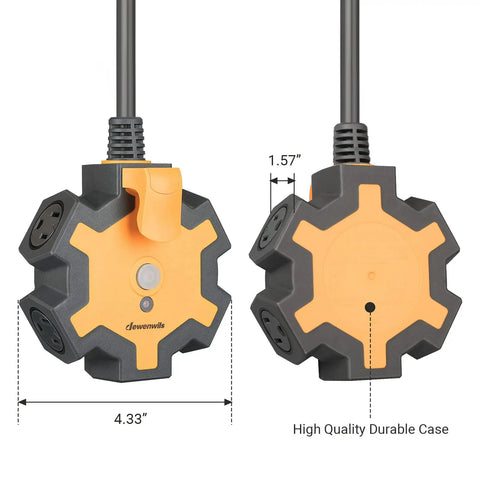 Front and side view of Industrial 5 Outlet Power Hub With 15 Ft Heavy Duty Extension Cord For Garage And Workshop construction grade.