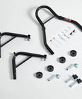 Components of 850 Lb Motorcycle Paddock Stand For Sport Bikes Rear Wheel Lift Swingarm Black Heavy Duty Steel displayed on a white background