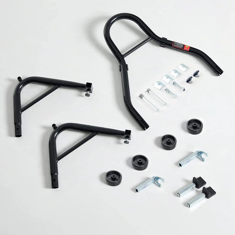 Components of 850 Lb Motorcycle Paddock Stand For Sport Bikes Rear Wheel Lift Swingarm Black Heavy Duty Steel displayed on a white background