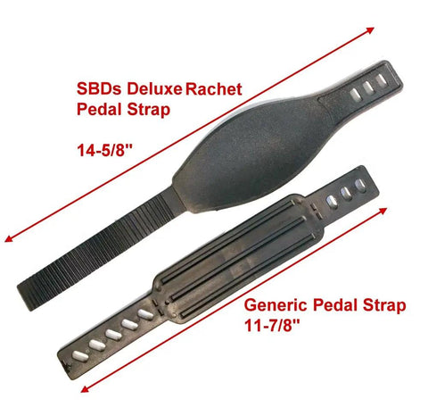 Pair Long Pedal Straps for Stationary Bikes with Ratchet Ridges, shown next to generic strap for size comparison.
